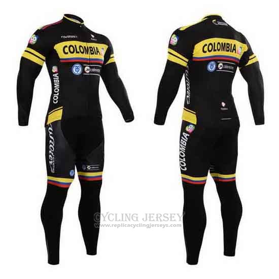 2015 Cycling Jersey Colombia Black and Yellow Long Sleeve and Bib Tight